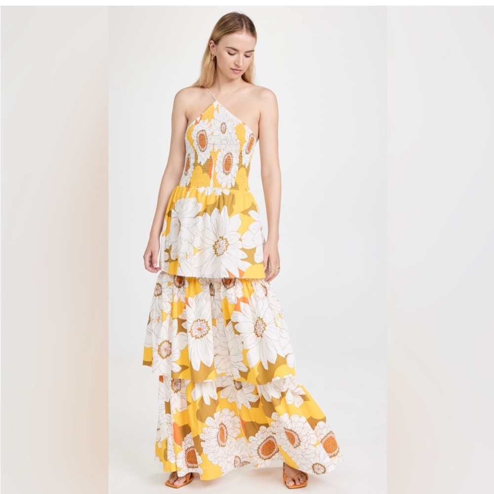 S/W/F Floral One-Shoulder Maxi Dress Smock Tiered XS fits small wedding guest